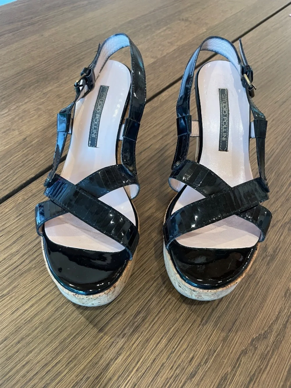 Studio Pollini Black Patent Leather Cork Wedge Sandals Made in Italy US7-7.5